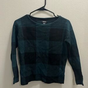 Jones and Co (Jones New York) plaid, dark teal and black crew sweater